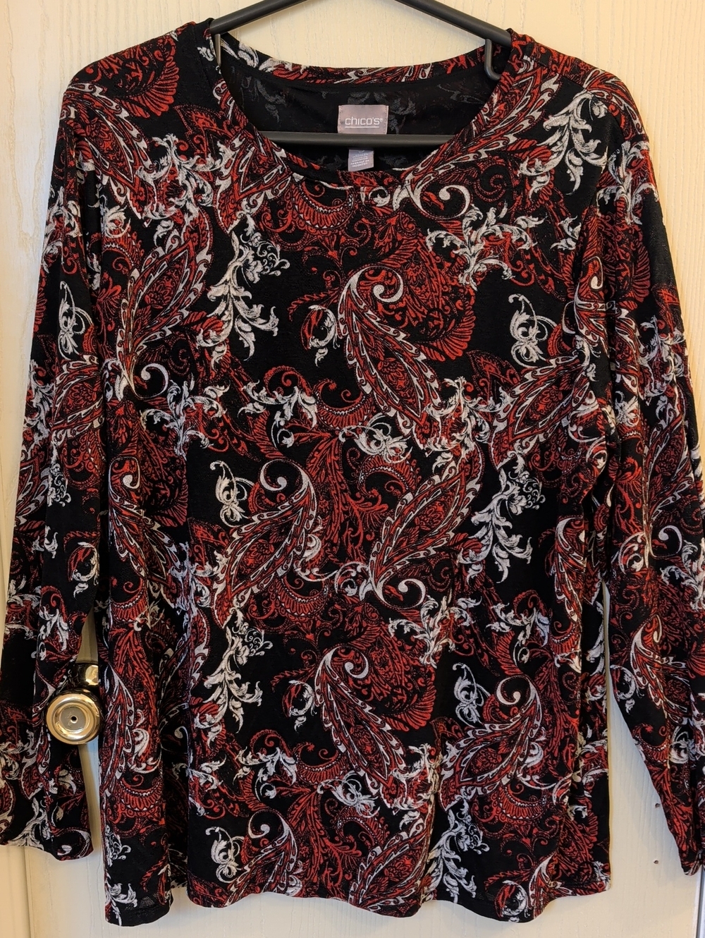 Chico's Black Red White Paisley Sheer Lined Long Sleeve Top Size 3 (XL)